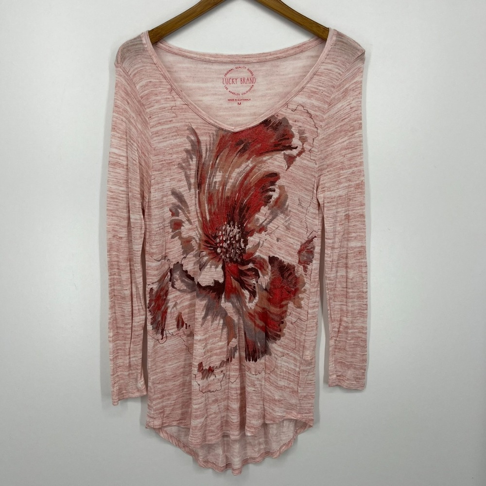 Lucky Brand Blouse Women's Size M Pink Mesh Lightweight Floral Round Neck